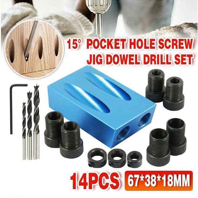 14Pcs 15° Pocket Hole Screw Jig Dowel Drill Set Wood Tool Kit Angle Hole Locator - Aimall