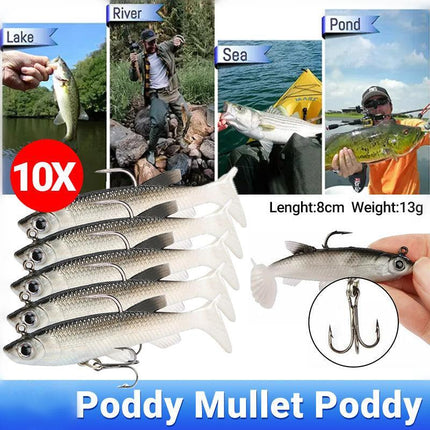 10Pcs Soft Plastic Lures Poddy Mullet Flathead Jig Head Barra Cod Fishing Tackle - Aimall