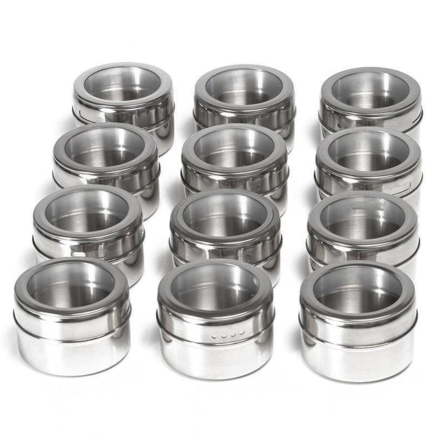 12Pcs Kitchen Magnetic Spice Jars Pot Holders Storages Rack Herb Stainless Steel - Aimall