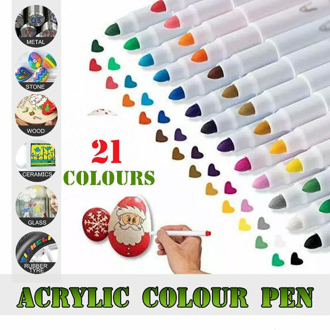 21 Acrylic Paint Marker Pens Set Permanent Stone Glass Metal Fabric Waterproof - Aimall