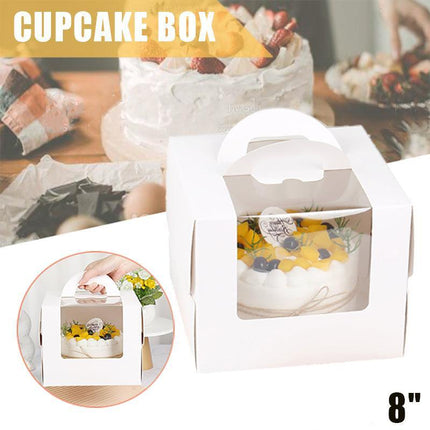 Portable Cake Boxes White Paper Display Window Packing Case Party With Handle 8'' - Aimall