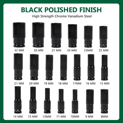 20PCS 1/2 Inch Drive Socket Set 8mm to 32mm with Case Chrome Vanadium Steel