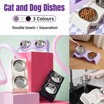 Pet Bowls Stainless Steel Double Bowl Wavy Cat Dog Feeding Dish Nonslip Base