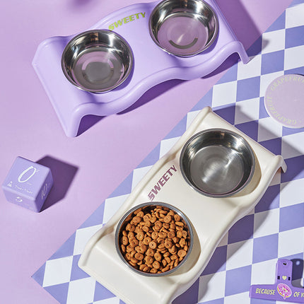 Pet Bowls Stainless Steel Double Bowl Wavy Cat Dog Feeding Dish Nonslip Base