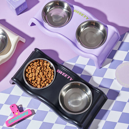 Pet Bowls Stainless Steel Double Bowl Wavy Cat Dog Feeding Dish Nonslip Base