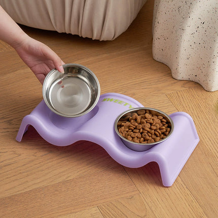 Pet Bowls Stainless Steel Double Bowl Wavy Cat Dog Feeding Dish Nonslip Base