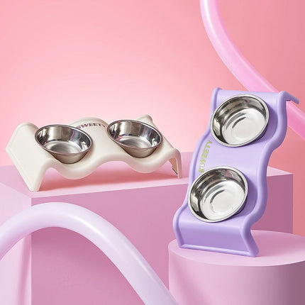 Pet Bowls Stainless Steel Double Bowl Wavy Cat Dog Feeding Dish Nonslip Base