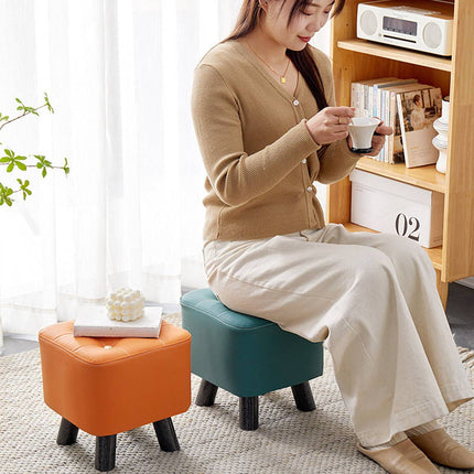 Small Upholstered Stool Square Ottoman Wood Legs Waterproof Leather Footrest