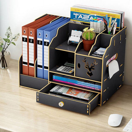 Wooden Desktop Storage Rack Office File Holder Organiser Drawer Black Wood Grain