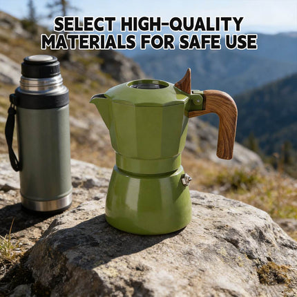 Double Valve Moka Pot Italian Espresso Coffee Maker Aluminium Green Wood Handle