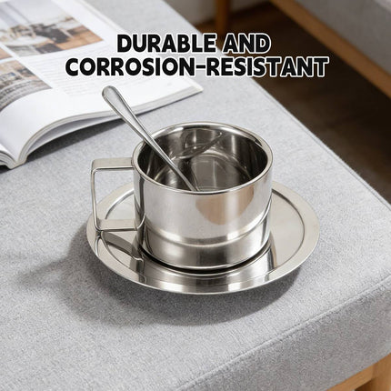 200ml Stainless Steel Espresso Coffee Cup Saucer and Spoon Set Milan Style