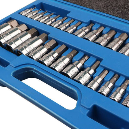 34 Piece Bit Socket Set Hex Torx Spline Chrome Vanadium Steel Mechanic Tool Case