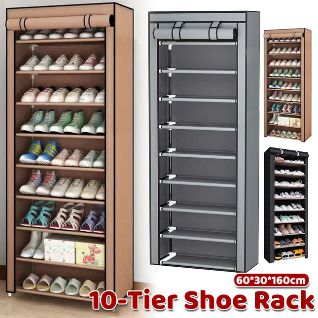10 Tier Shoe Rack Stainless Steel Frame Non Woven Fabric for Shoe Storage Use