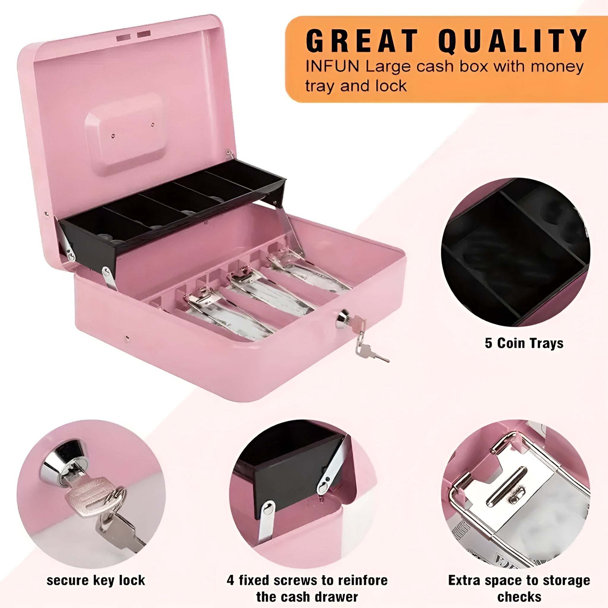 Metal Register Cash Box with Key Lock and Money Tray Pink | Aimall