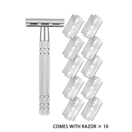 Double Edge Safety Razor Aluminium Zinc Silver 10 Blades 4.3 x 10.8cm