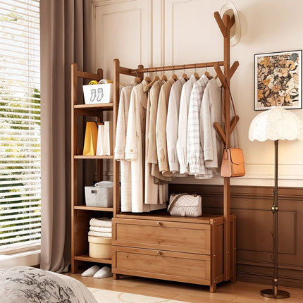 Bamboo Floor-Standing Clothes Rack with Drawers and Hooks Multi-Purpose Durable