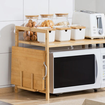 2 Tier Bamboo Microwave Oven Stand Rack Kitchen Condiment Holder with Hooks