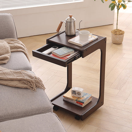 Solid Wood Rolling Coffee Table Mobile Side Table with Wheels 2-Tier Home Use