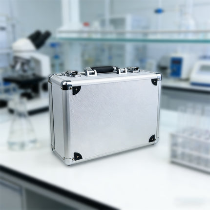 Aluminium equipment storage case in laboratory setting - ideal for carrying scientific instruments and delicate tools