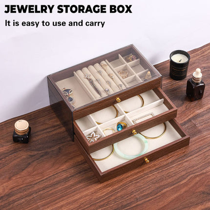 Multi Layer Wooden Jewelry Box Walnut Grain with Compartments Drawers Display