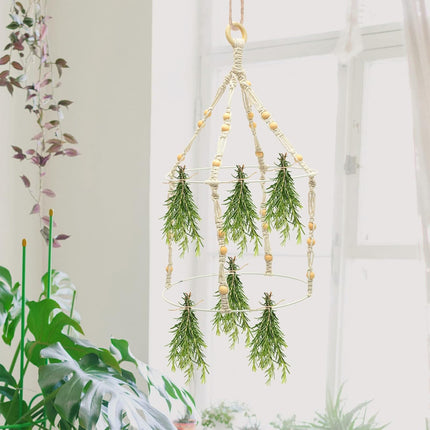 Handwoven Hanging Herb Spice Flower Drying Rack with Cotton Rope Wood Ring