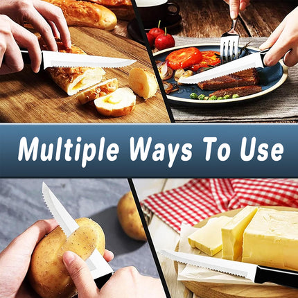 6pcs Stainless Steel Steak Knife Black Plastic Handle Cutlery For Kitchen Dining