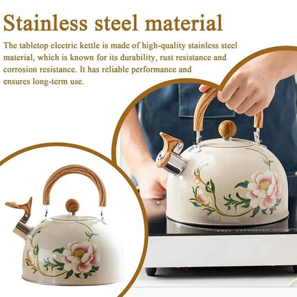 3L Stainless Steel Whistling Kettle Floral Anti Scald Handle for Gas Stove Top