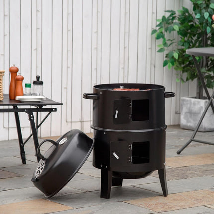 3in1 Portable Charcoal Vertical Smoker BBQ Roaster Grill Steel Water Steamer
