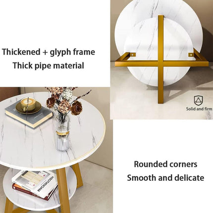 Round Side Table 2 Tier White Nightstand Coffee Sofa End Table Marble Design