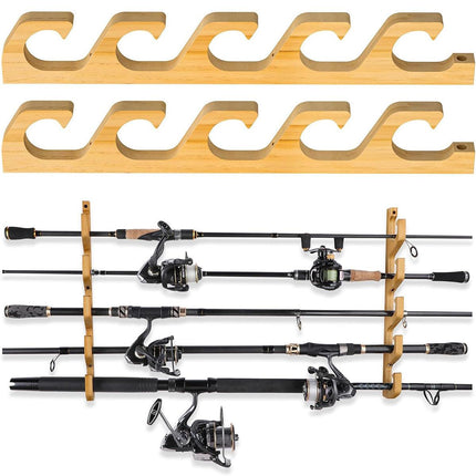1Pair Bamboo Fishing Rod Holder Wall Mounted Wooden Storage Rack Stand Organizer