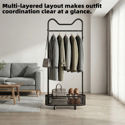 Moveable Clothes Rack 60x34x170cm Metal Frame Mesh Basket Hooks Wheels for Home