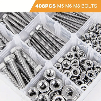 408PCS Stainless Steel Hex Bolts Nuts Washers Assortment Set with Storage Box