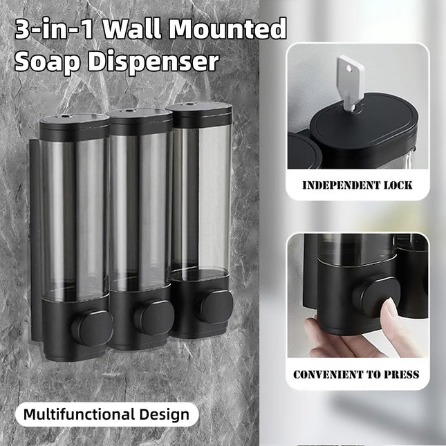 3 Bottles Bathroom Shower Soap Dispenser Shampoo Gel Pump Wall Black Dispenser