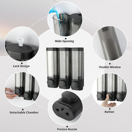 3 Bottles Bathroom Shower Soap Dispenser Shampoo Gel Pump Wall Black Dispenser