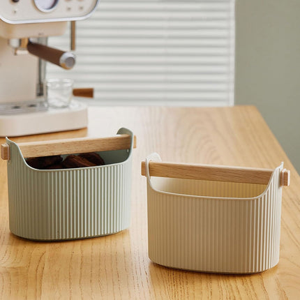 Desktop Storage Box 2PCS Ribbed Solid Wood Handle Cream Mint Home Bathroom