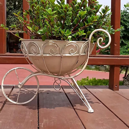 Retro Wrought Iron Trolley Flower Pot Holder 43 x 30 x 33cm Vintage Garden Decor