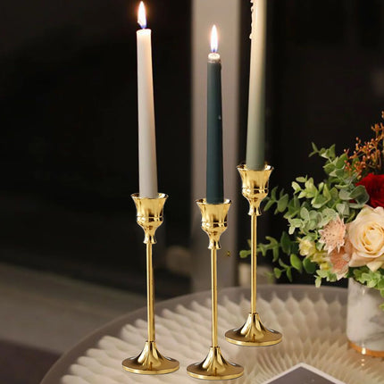 3 Pcs Vintage Candlesticks Set in Gold Metal with Different Heights