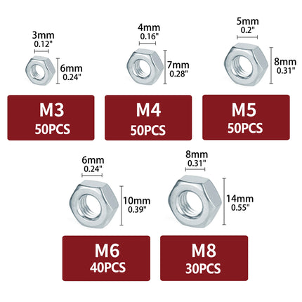 Stainless Steel Nuts 220pcs Nut Sets Hardware Fasteners Assortment Kit Nuts