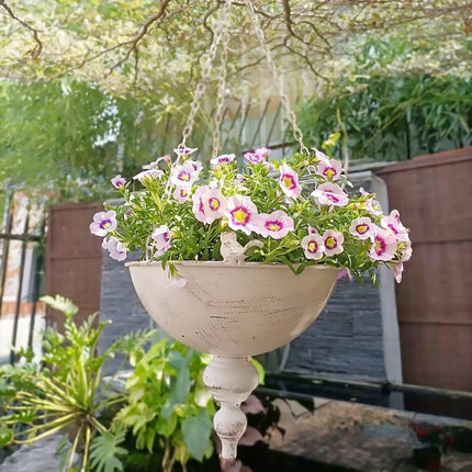 Wrought Iron Hanging Basket Planter White Vintage Bird Detail 25cm Bowl