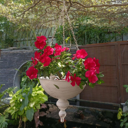 Wrought Iron Hanging Basket Planter White Vintage Bird Detail 25cm Bowl
