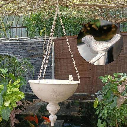 Wrought Iron Hanging Basket Planter White Vintage Bird Detail 25cm Bowl