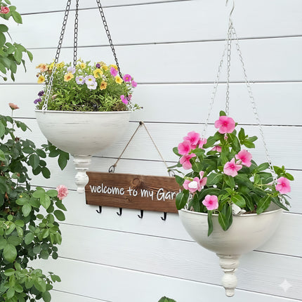 Wrought Iron Hanging Basket Planter White Vintage Bird Detail 25cm Bowl