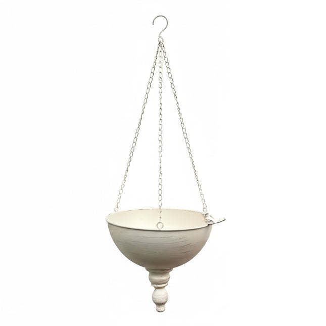 Wrought Iron Hanging Basket Planter White Vintage Bird Detail 25cm Bowl
