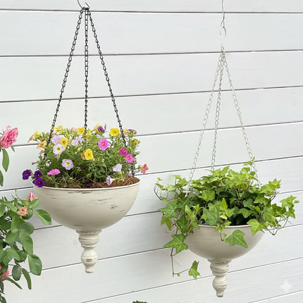 Wrought Iron Hanging Basket Planter White Vintage Bird Detail 25cm Bowl