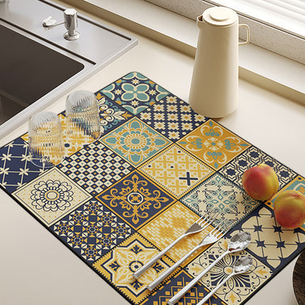 Kitchen Drain Mat Absorbent Polyester Non-Slip Back Tile Pattern