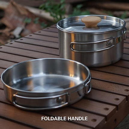 2PCS 304 Stainless Steel Camping Pot and Pan Set With Folding Handles Outdoor
