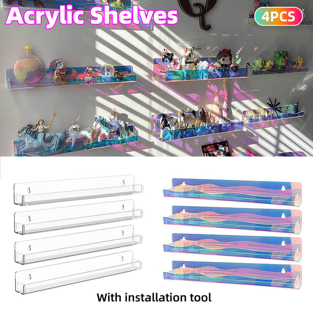 Acrylic Wall Shelves Set 4PCS Floating Display Storage Racks Clear for Home Use