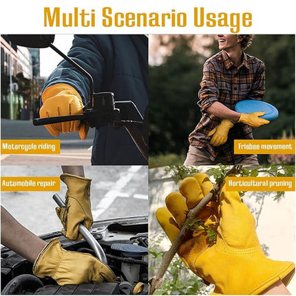 Golden Yellow Cowhide Work Gloves Full Finger Gardening DIY Home Maintenance Use