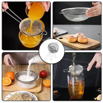 Premium 3pcs Stainless Steel Handheld Flour Sifter Mesh Strainer Funnel Set