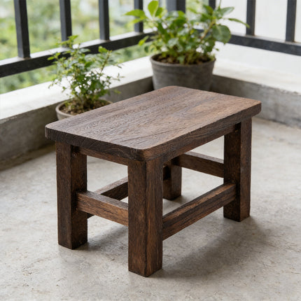 Solid Wood Low Stool Vintage Shoe Changing Home Entryway Retro Footstool Brown